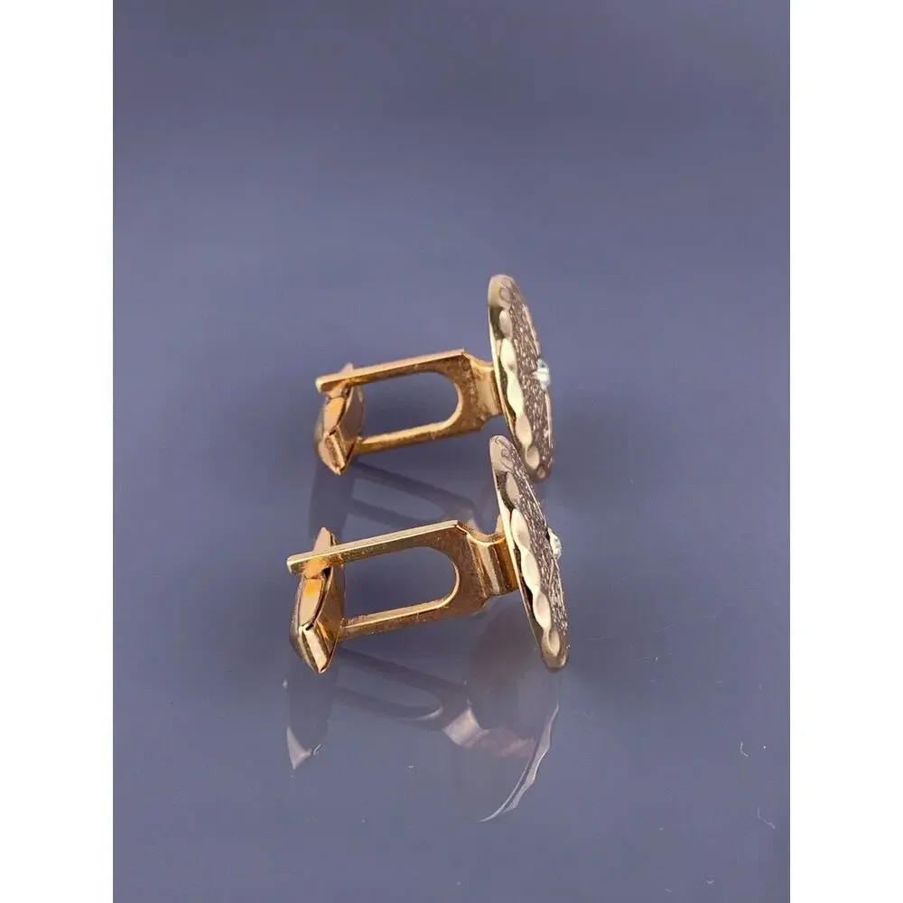 Round White Rhinestone Gold Tone Cufflinks Textured Mid Century Simple Vintage